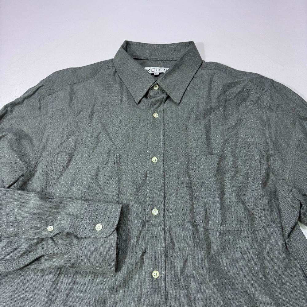Reiss Breaker Grey Herringbone Cotton Button Down Shirt Mens XXL Minimalist